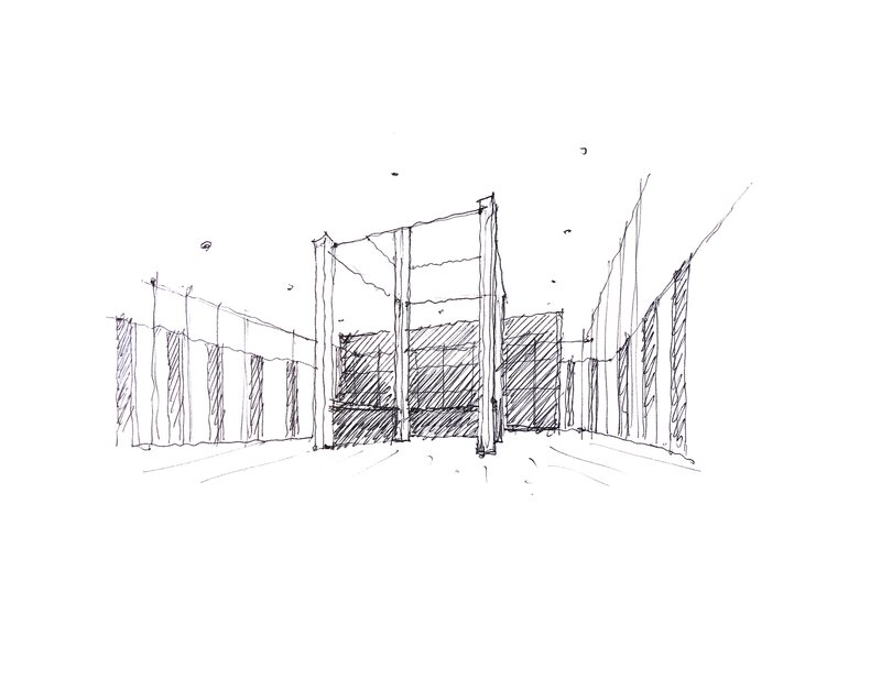 Interior perspective sketch showing vertical timber columns and slatted walls framing a central volume
