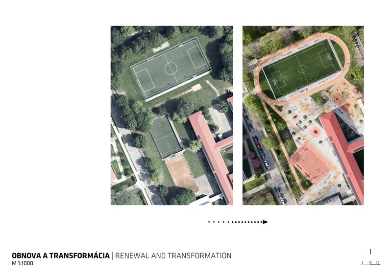 Aerial comparison showing sports fields and buildings before and after renovation with added running track