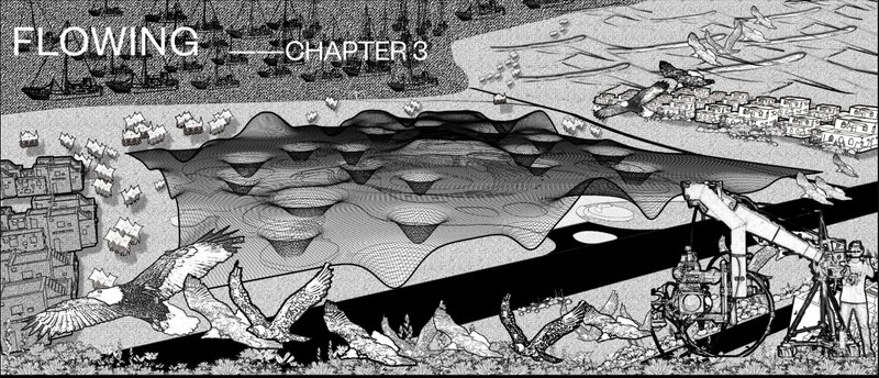 Flowing canopy merges desert, sea, wildlife, and film equipment into one cinematic architectural landscape.