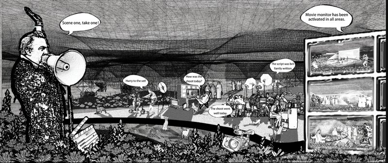 Producers’ office coordinates scripts, filming, monitoring, and public participation across the experimental film space.
