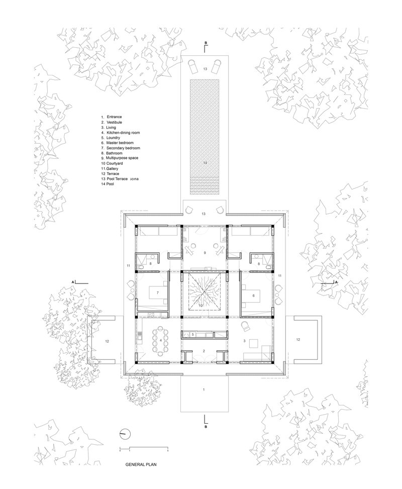 General plan drawing showing a square residence with central courtyard surrounded by trees