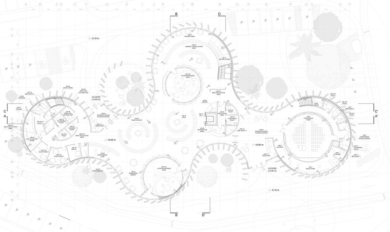 Floor plan drawing showing interconnected circular volumes with radial columns and central courtyards