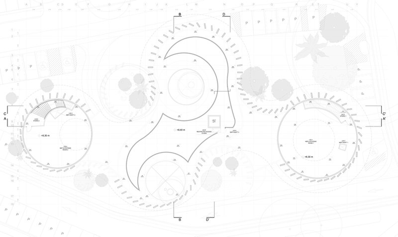 Floor plan drawing showing three circular volumes connected by curved passages among landscaped areas with trees