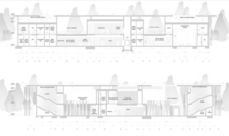 Section drawings showing interior spaces including staff terrace, event terrace, cafe and various program areas with silhouetted trees