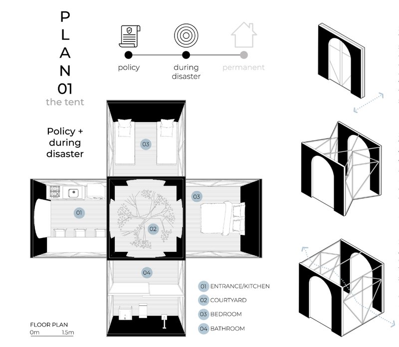 Plan 01 organizes the tent module around essential living spaces for fast post-earthquake assembly.