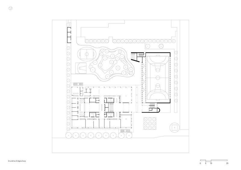 Ground floor plan drawing showing interior classrooms and an outdoor playground with trees