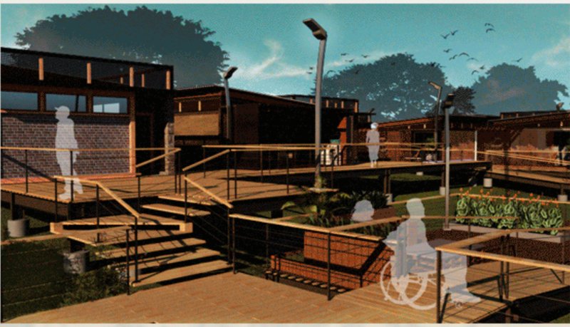 Layered decks and accessible pathways create an inclusive shared neighborhood environment.