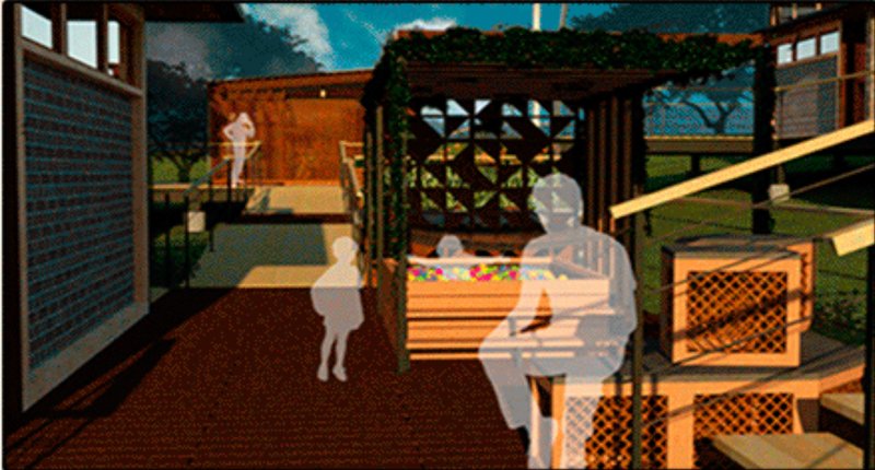 A shaded community corner encourages informal gathering, play, and everyday social interaction.