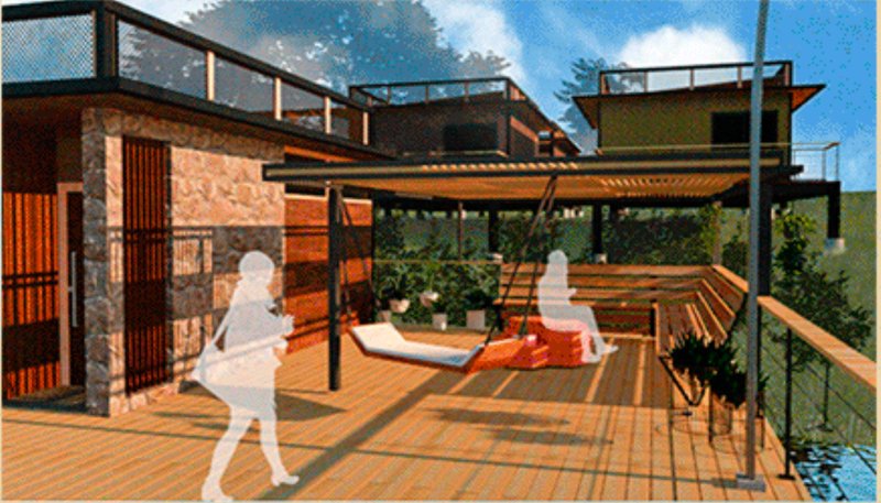 A covered wooden terrace offers a comfortable semi-open space for rest and social connection.