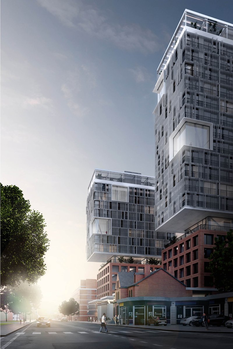 Street-level view showing the project’s raised residential volumes, heritage context, and active downtown frontage.