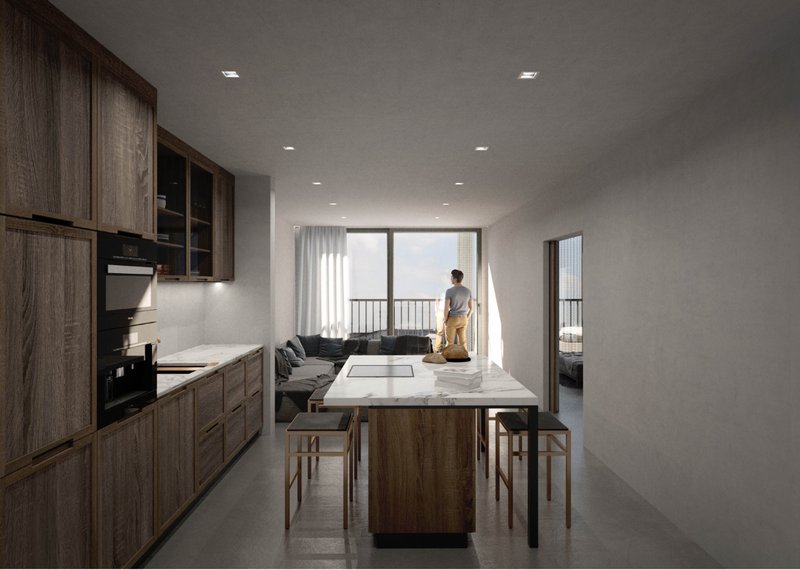 A compact one-bedroom unit designed with warm materials, natural light, and a calm domestic atmosphere.