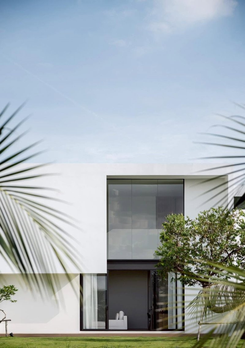 Garden facade with stacked glazing and dark metal frames framed by palm fronds