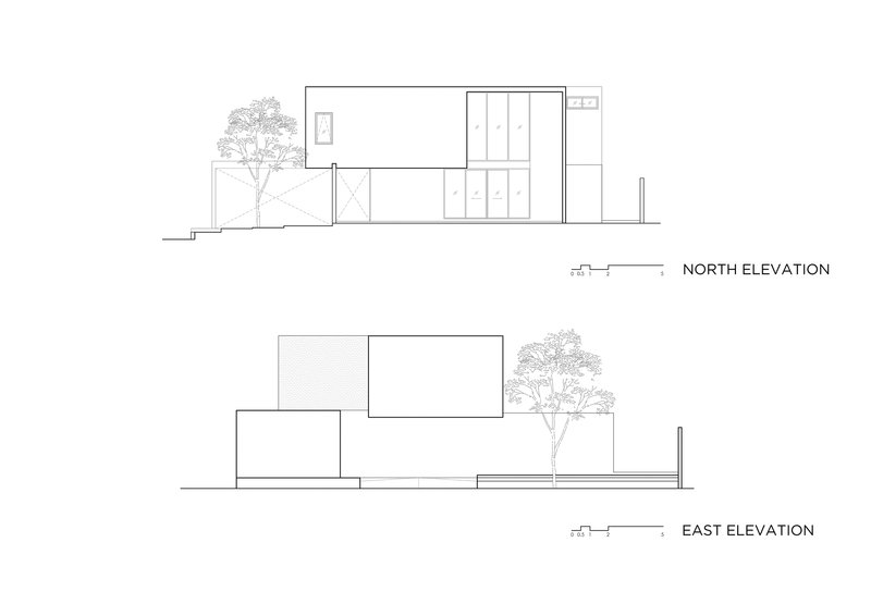 Elevation drawings showing the north and east facades with interlocking volumes and trees