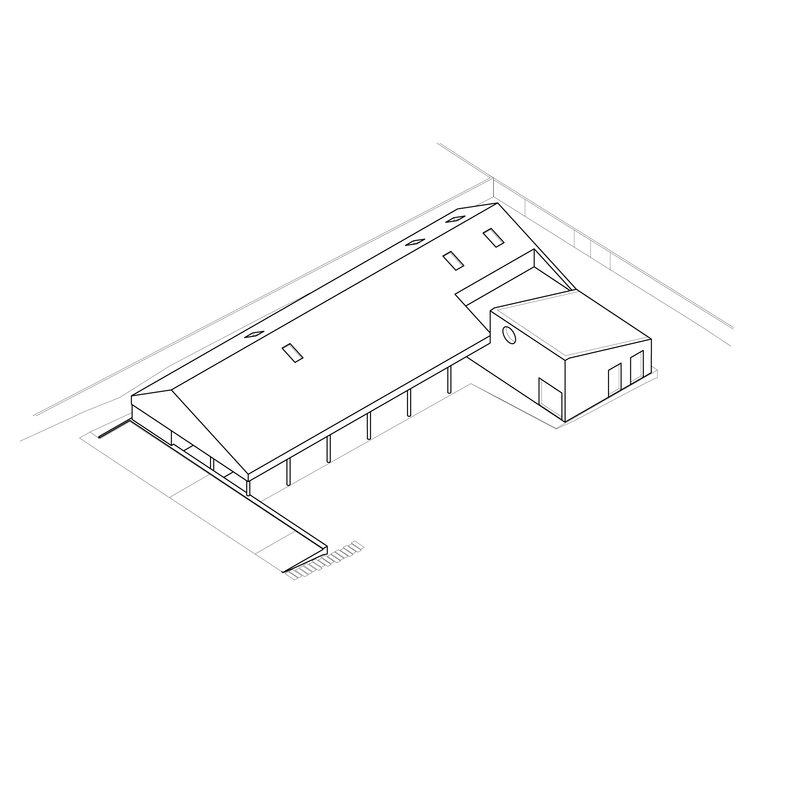 Axonometric drawing of the residence showing gabled volume with covered terrace and courtyard entry