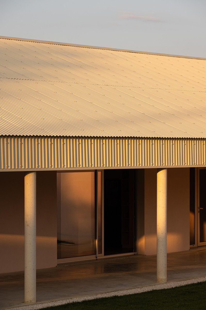 Cantilevered corrugated metal roof edge above a covered terrace with cylindrical concrete columns at dusk