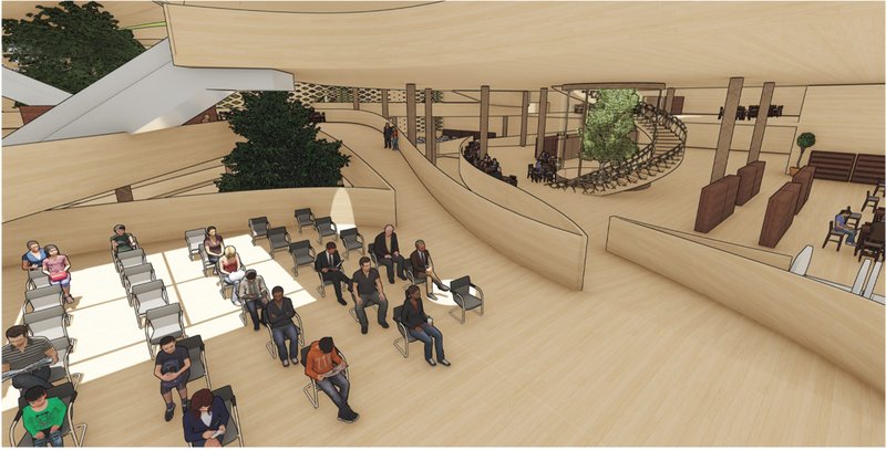 Warm interior spaces blend reading, gathering, greenery, and civic learning.