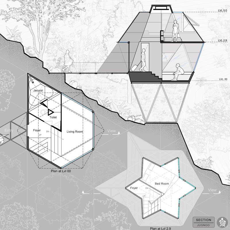 Section drawing illustrating multi-level hexagonal units stepping down a sloped terrain with figures