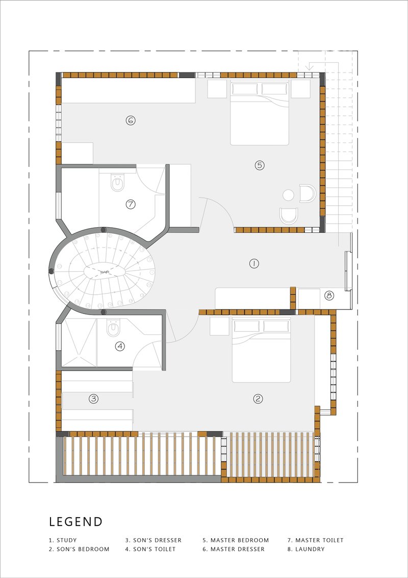 Upper floor plan featuring bedrooms arranged around a central spiral staircase with balcony access