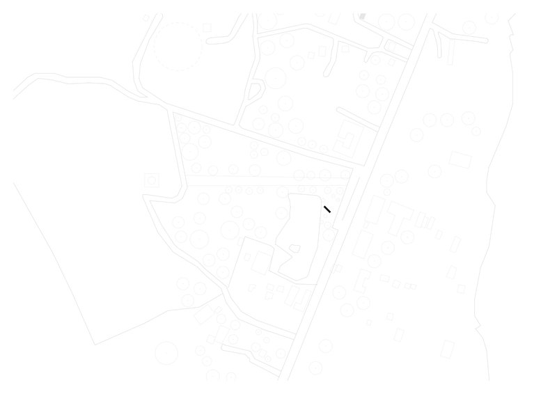 Site plan drawing showing the linear structure positioned within surrounding topography and pathways
