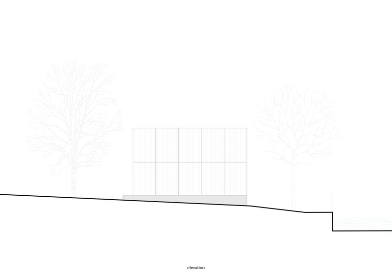 Elevation drawing presenting the gridded facade on sloping ground with trees on either side