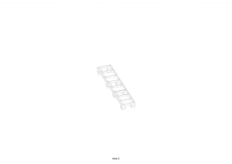 Axonometric drawing showing a linear structural frame with horizontal floor plates and side bracing