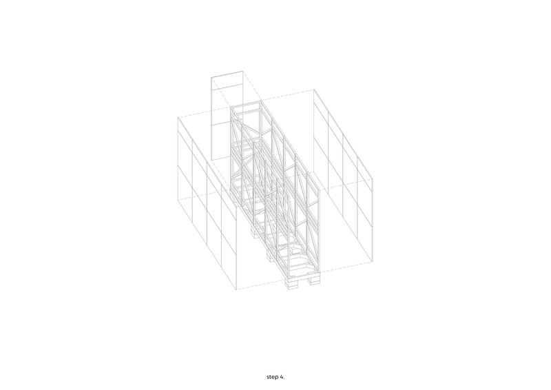 Axonometric drawing showing the structural core enclosed by flanking wall panels and ceiling elements