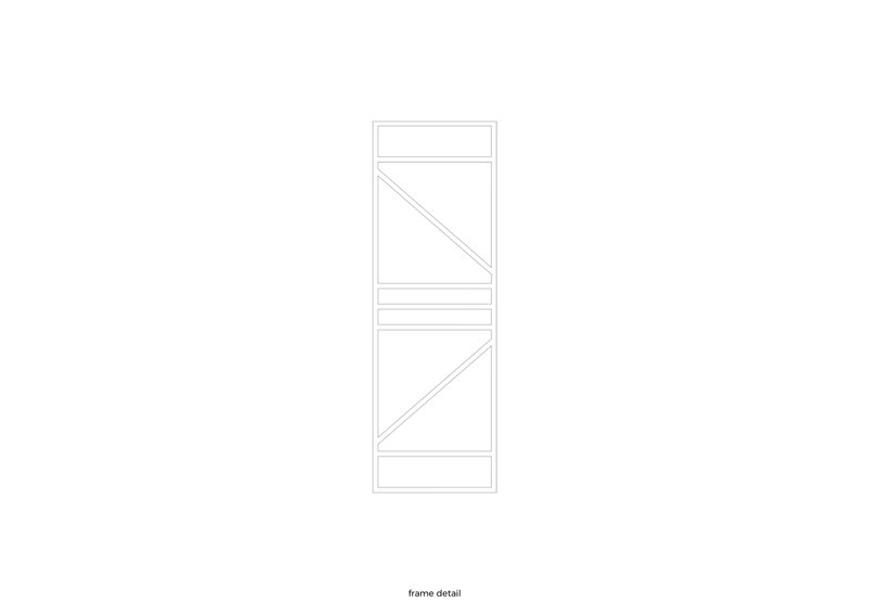 Elevation drawing of a window frame detail with diagonal bracing and horizontal mullions