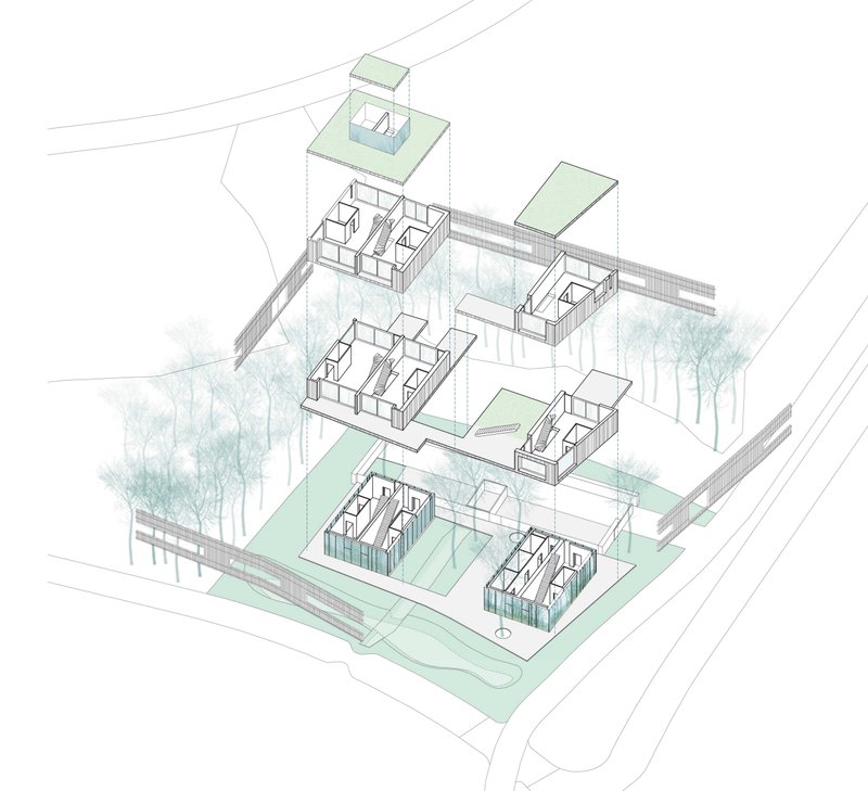 Exploded axonometric view showing the lifted housing system, roof gardens, terraces and landscape continuity across the site.