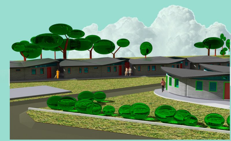 3D printed housing units form a green, low-cost neighborhood for displaced communities.