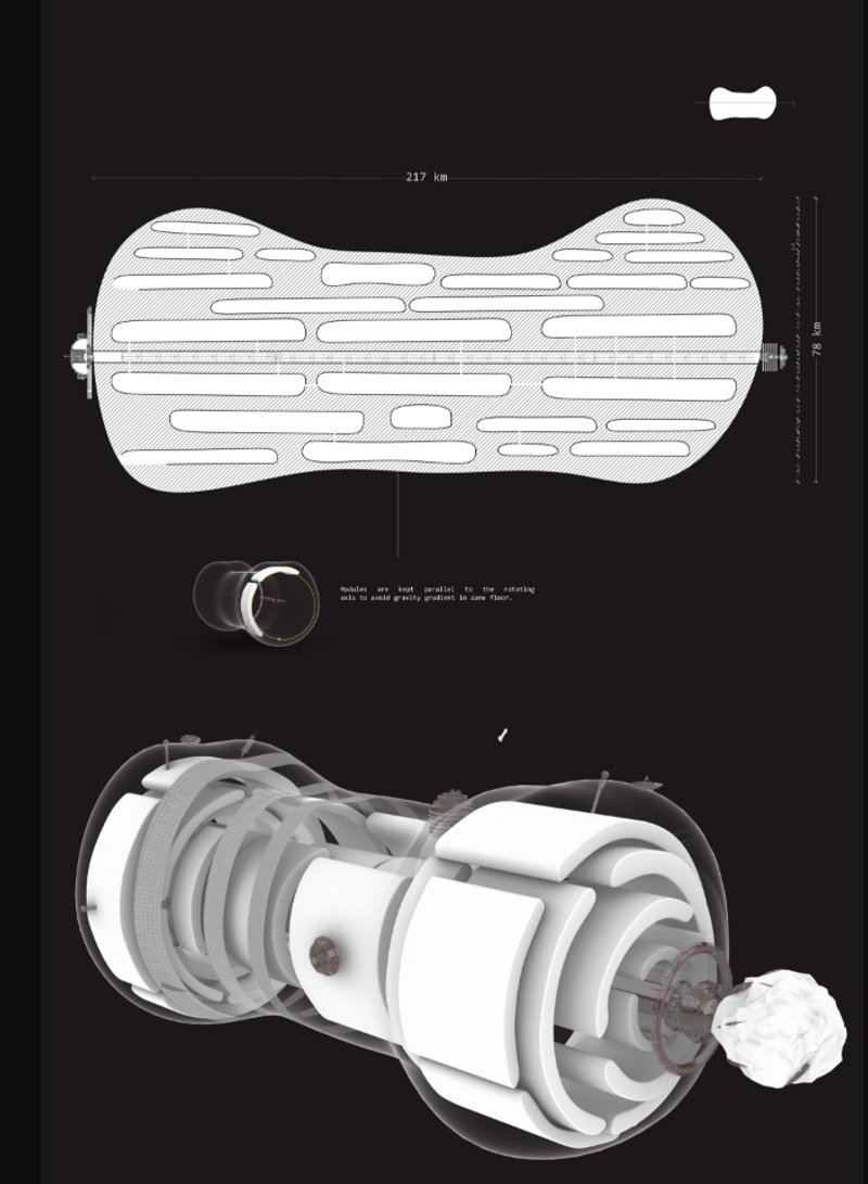Technical plans reveal the asteroid’s internal modules, core structure, and large-scale habitat organization.