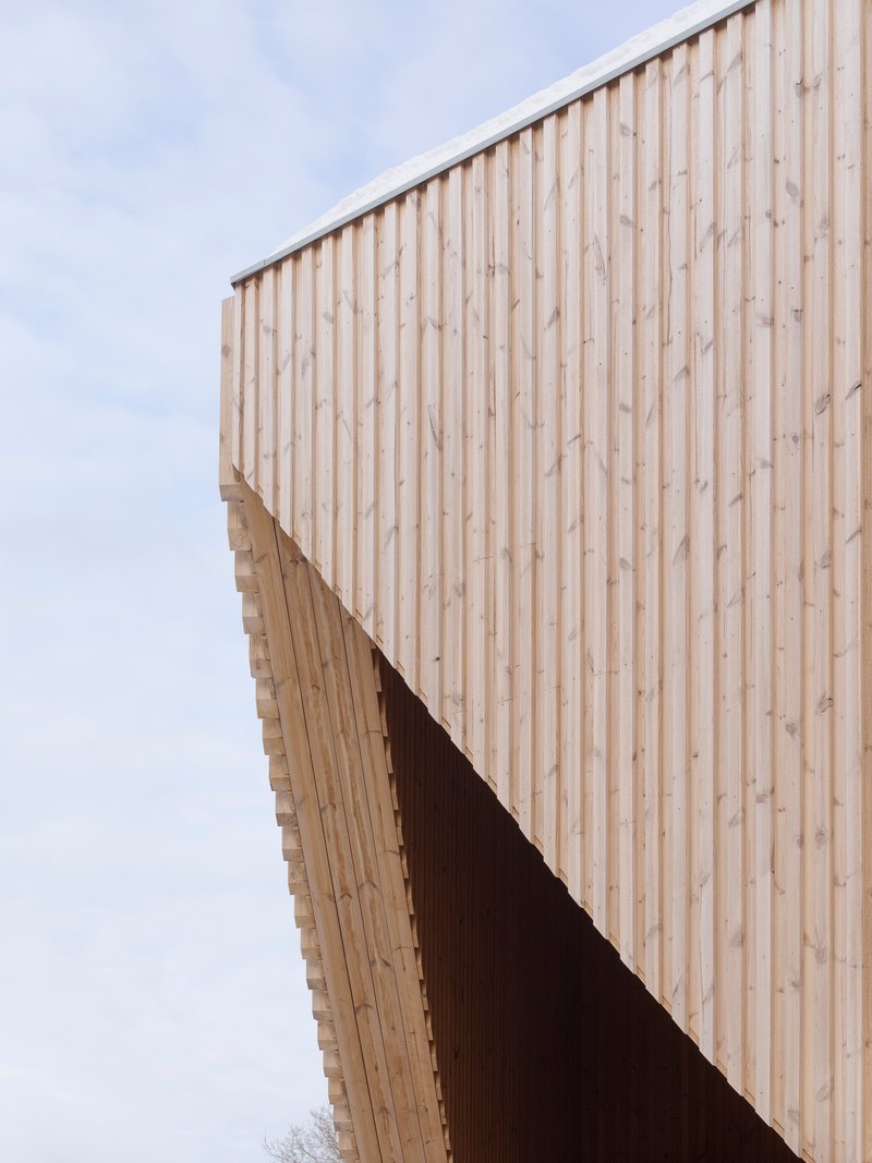 Vertical timber cladding wrapping the angled facade against an overcast winter sky