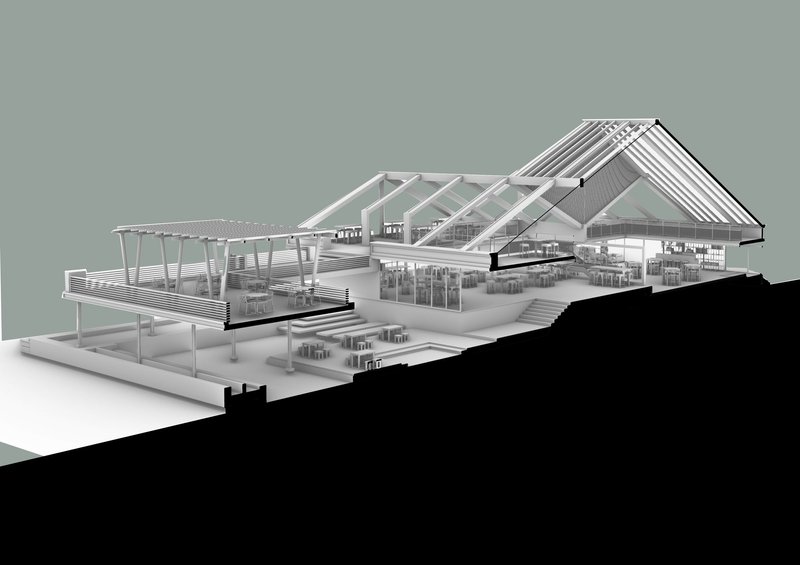 Sectional model reveals JAPA CAFE’s multi-level dining areas, terraces, and pitched roof structure.