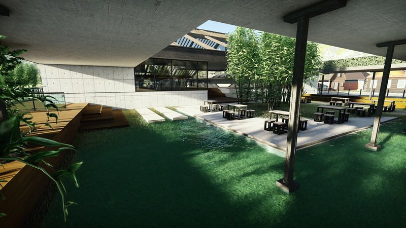 Bamboo planting and open-air seating strengthen the cafe’s connection with nature and Japanese aesthetics.