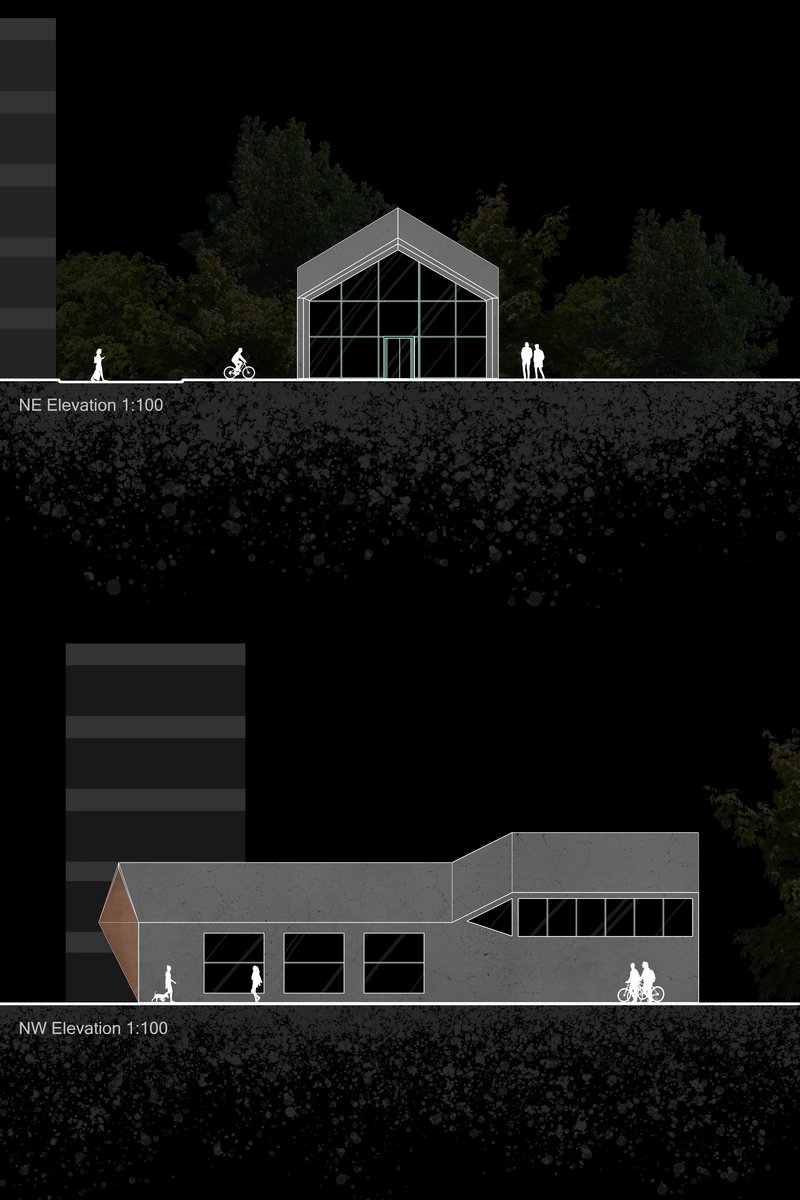 Elevation study highlighting the gabled glass façade and calm street presence.