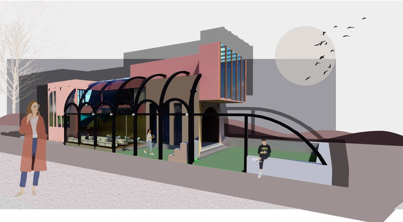 Exterior view of MELANGE showing the vaulted glass structure, pastel facade, and street-facing cafe spaces designed for openness and interaction.