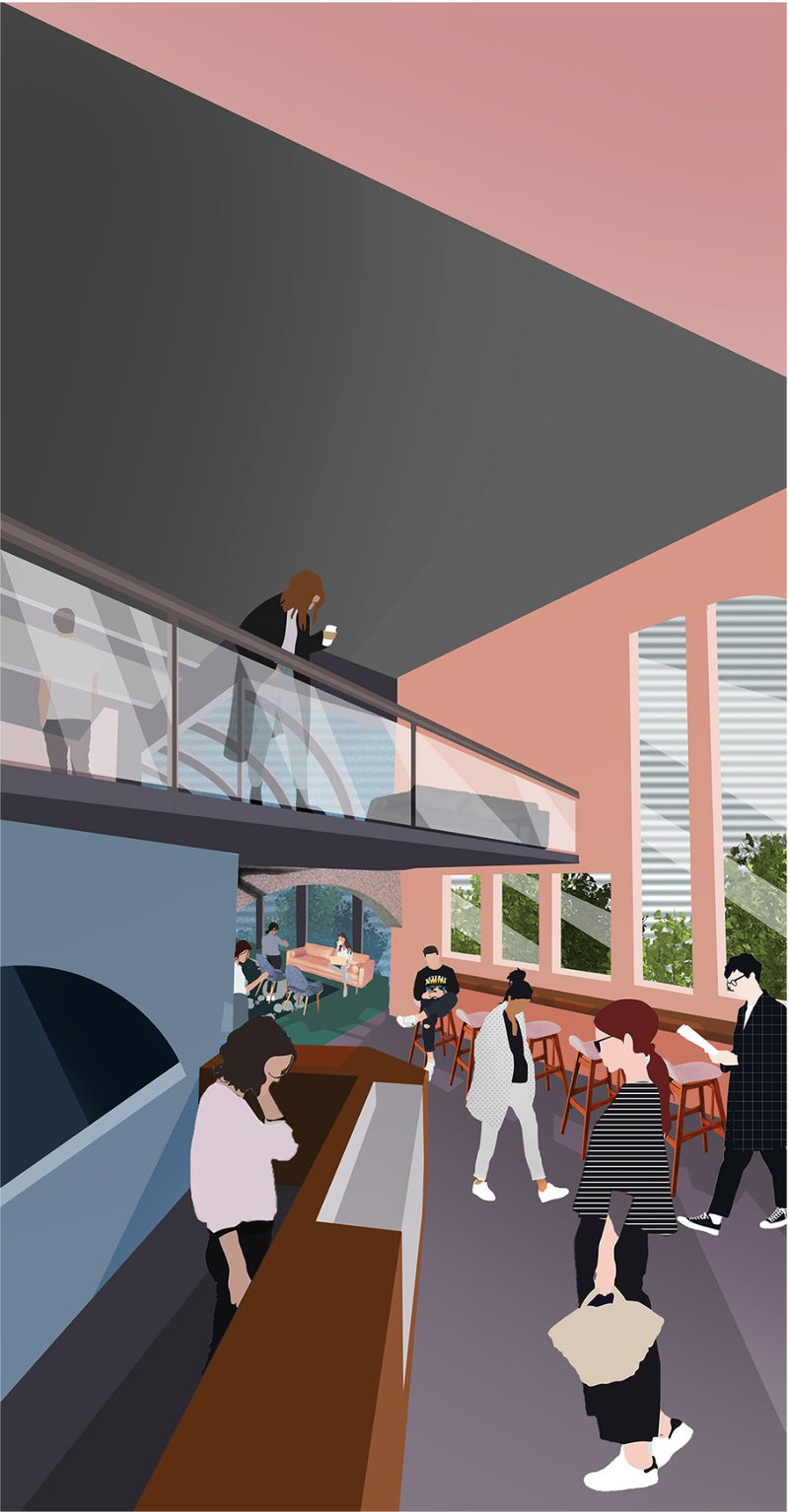 Exterior view highlighting the vaulted glass structure, pink facade, and open edge connecting the cafe with the street.