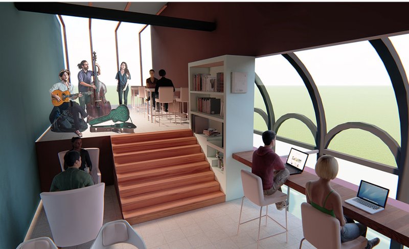 Interior bar view showing layered seating, exposed volumes, and a warm cafe atmosphere framed by bold geometric forms.