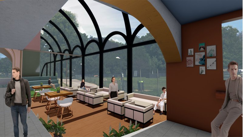 Lounge area framed by vaulted glazing, warm timber flooring, and soft seating for relaxed group gatherings.