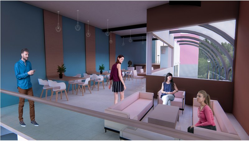 Upper seating zone with pastel interiors, pendant lighting, and views toward the arched exterior structure.