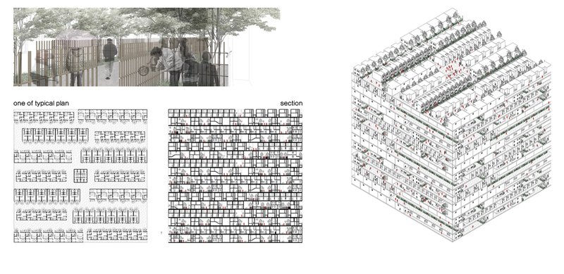 Type 3 reinterprets linear Lilong streets as stacked residential bands connected by greenery, circulation, and communal terraces.