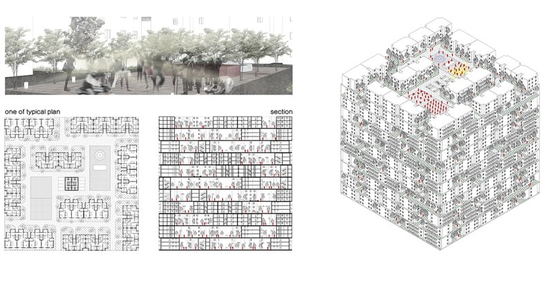 Type 4 forms a highly social vertical neighborhood with generous public spaces, gardens, and interconnected residential clusters.