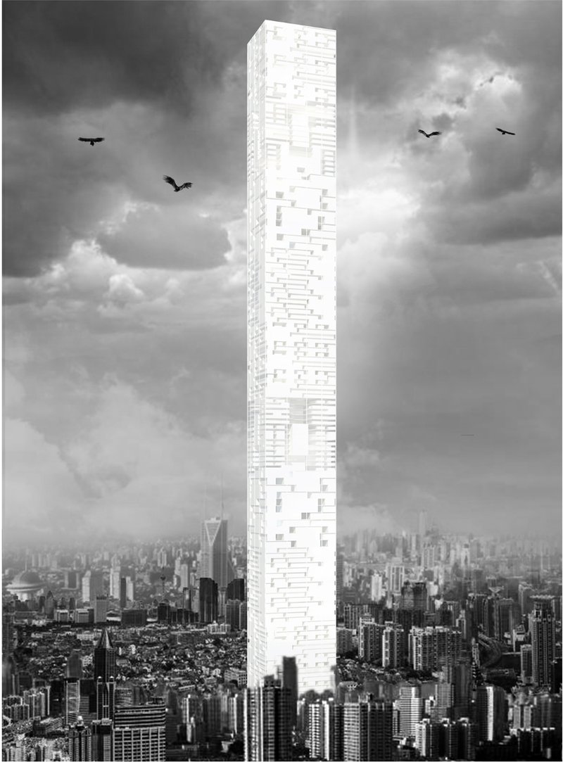 A close-up perspective reveals stacked homes, planted terraces, and everyday community life embedded within the vertical monument.