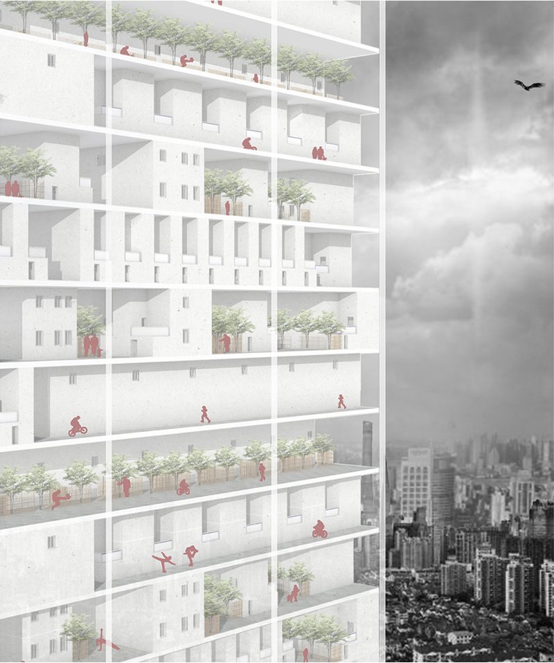 The monumental tower rises above Shanghai as a luminous vertical archive, preserving Lilong memory within a contemporary skyscraper.