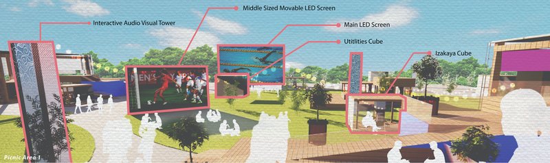Interactive towers, LED screens, and izakaya cubes shape flexible public viewing zones for Olympic celebrations.