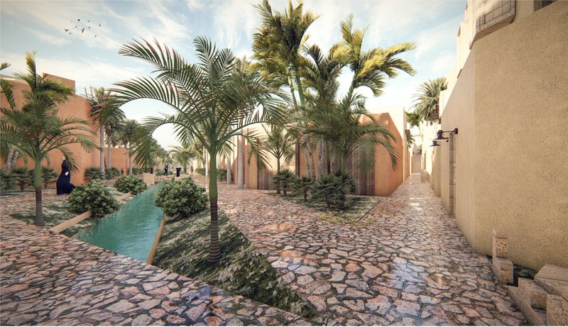 Water channels and vegetation cool the pedestrian streets.