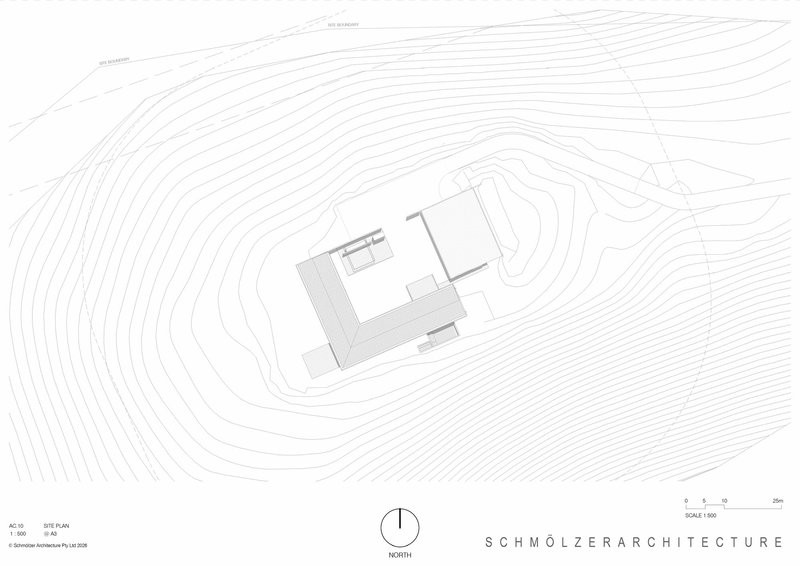 Site plan drawing showing topographic contours wrapping around a compound of rectangular volumes