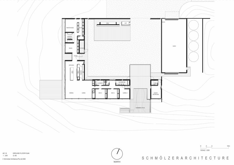 Ground floor plan drawing showing rooms arranged around two courtyards with circular tree symbols