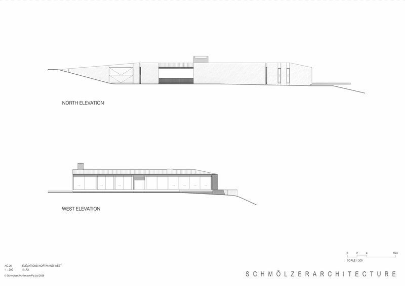 North and west elevation drawings of a horizontal structure embedded into sloping terrain
