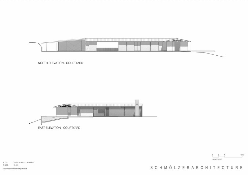 North and east courtyard elevation drawings depicting the internal facades and roof forms