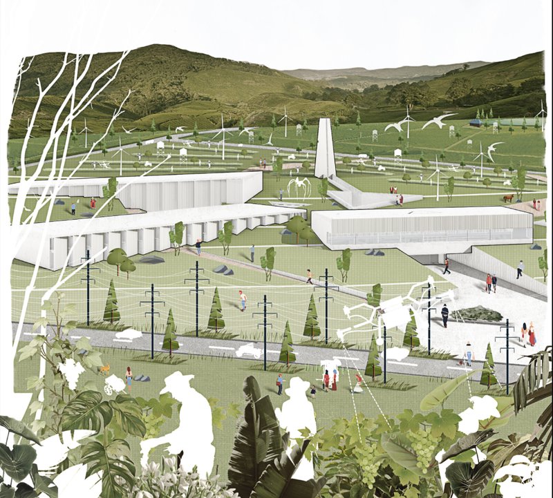 Landscape perspective presenting CRACK as a low-profile winery complex integrated into rolling vineyard hills.